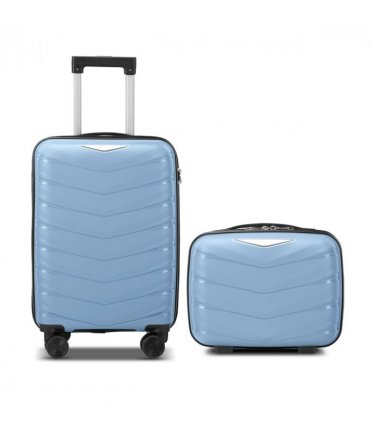 V-shaped stripes 2-piece set with PP handbag PP trolley case 14in 20in PP iron trolley fashionable color - sky blue (grain pattern)