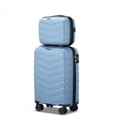 V-shaped stripes 2-piece set with PP handbag PP trolley case 14in 20in PP iron trolley fashionable color - sky blue (grain pattern)