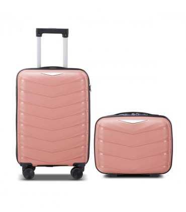 V-shaped stripe 2-piece set with PP handbag PP trolley case 14in 20in PP iron trolley fashionable color - rose gold (grain pattern)