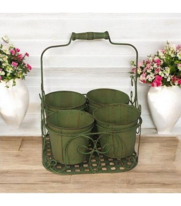 AcaciaHome Stylish Medium-Sized Double Plant Pot Basket Holder Metal Display Rack – Durable Weatherproof Design for Indoor and Outdoor Use, Ideal for Porches, Balconies, and Flower Beds (Green)