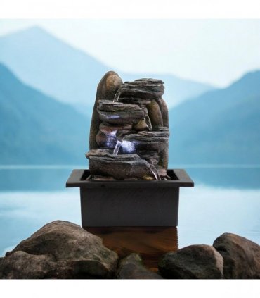 Water Feature Indoor Outdoor LED Fountain - Serene Waterfall Garden Decor in Polyresin, Weather Resistant Design with Pump & LED Light for Relaxation (Dark Grey Waterfall)
