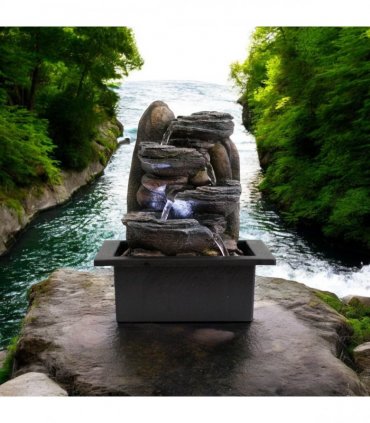 Water Feature Indoor Outdoor LED Fountain - Serene Waterfall Garden Decor in Polyresin, Weather Resistant Design with Pump & LED Light for Relaxation (Dark Grey Waterfall)