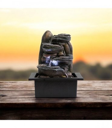 Water Feature Indoor Outdoor LED Fountain - Serene Waterfall Garden Decor in Polyresin, Weather Resistant Design with Pump & LED Light for Relaxation (Dark Grey Waterfall)