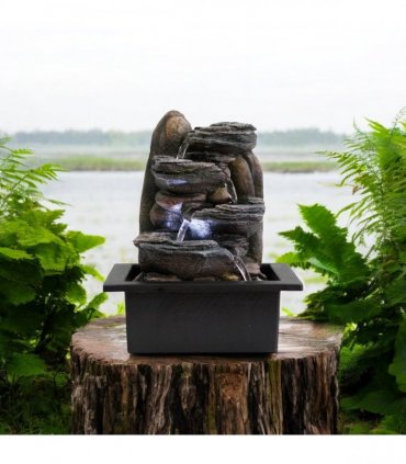 Water Feature Indoor Outdoor LED Fountain - Serene Waterfall Garden Decor in Polyresin, Weather Resistant Design with Pump & LED Light for Relaxation (Dark Grey Waterfall)
