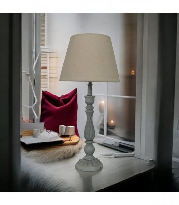 AcaciaHome Modern Tall Wooden Washed Table Lamp - Traditional Shabby Chic Design with Taupe Linen Shade, Wood Effect Finish for Living Rooms, Bedrooms, or Hallways Decor (41cm Grey with Cream Shade)