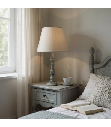 AcaciaHome Modern Tall Wooden Washed Table Lamp - Traditional Shabby Chic Design with Taupe Linen Shade, Wood Effect Finish for Living Rooms, Bedrooms, or Hallways Decor (41cm Grey with Cream Shade)