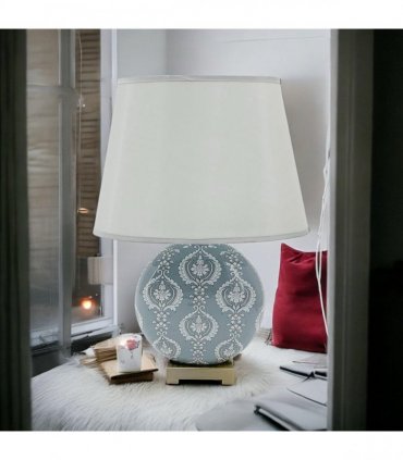 AcaciaHome Modern and Classic Oriental Design Large Floral Ceramic Table Lamp with Drum Shade - Perfect Stylish and Functional Hall Light for Living Room. Bedroom (50cm Grey Damask)