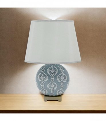 AcaciaHome Modern and Classic Oriental Design Large Floral Ceramic Table Lamp with Drum Shade - Perfect Stylish and Functional Hall Light for Living Room. Bedroom (50cm Grey Damask)