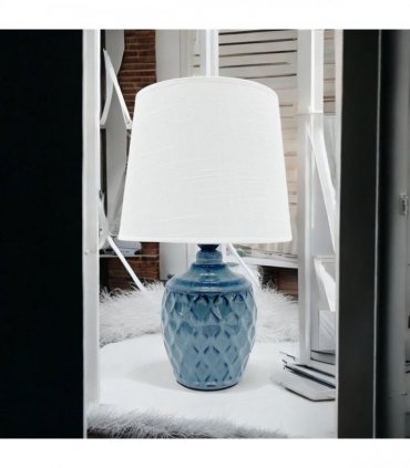 AcaciaHome Sophisticated and Durable 40cm Blue Ceramic Table Lamp with White Drum Shade - Elegant Home Decor with Functional Design for bedrooms, Living Rooms, or Studies Room (Round/Tall Blue Vase)