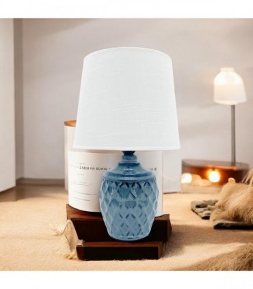 AcaciaHome Sophisticated and Durable 40cm Blue Ceramic Table Lamp with White Drum Shade - Elegant Home Decor with Functional Design for bedrooms, Living Rooms, or Studies Room (Round/Tall Blue Vase)