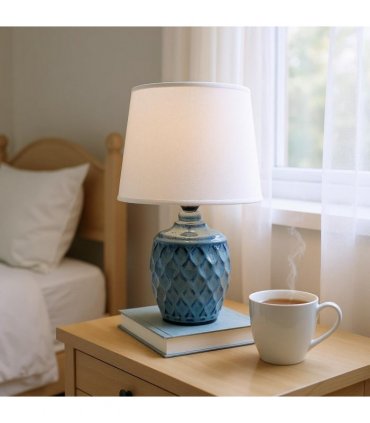 AcaciaHome Sophisticated and Durable 40cm Blue Ceramic Table Lamp with White Drum Shade - Elegant Home Decor with Functional Design for bedrooms, Living Rooms, or Studies Room (Round/Tall Blue Vase)