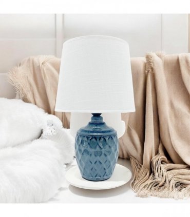 AcaciaHome Sophisticated and Durable 40cm Blue Ceramic Table Lamp with White Drum Shade - Elegant Home Decor with Functional Design for bedrooms, Living Rooms, or Studies Room (Round/Tall Blue Vase)