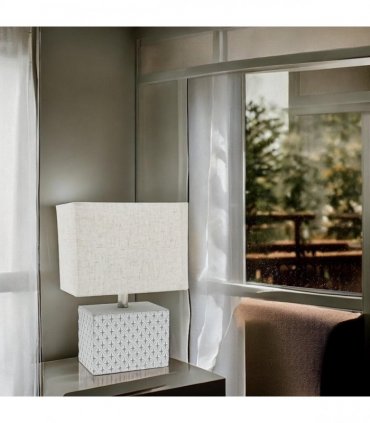 Stylish & Elegant Art Deco Cream-Grey Cement Table Lamp with Diamond Pattern & Off-white Fabric Energy Efficient Empire Shade for Bedroom, Office, Home Decor Lighting (Square -20cm-15cm-10cm)