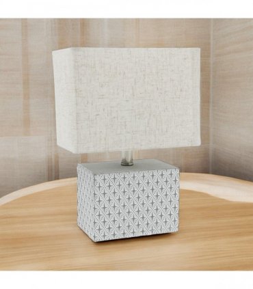 Stylish & Elegant Art Deco Cream-Grey Cement Table Lamp with Diamond Pattern & Off-white Fabric Energy Efficient Empire Shade for Bedroom, Office, Home Decor Lighting (Square -20cm-15cm-10cm)