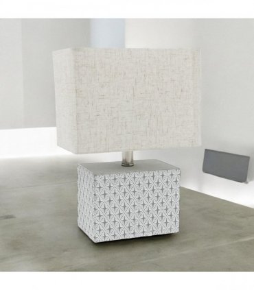 Stylish & Elegant Art Deco Cream-Grey Cement Table Lamp with Diamond Pattern & Off-white Fabric Energy Efficient Empire Shade for Bedroom, Office, Home Decor Lighting (Square -20cm-15cm-10cm)