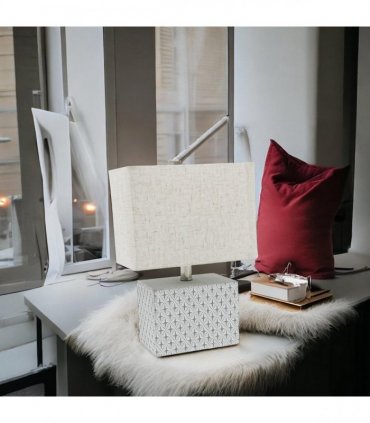 Stylish & Elegant Art Deco Cream-Grey Cement Table Lamp with Diamond Pattern & Off-white Fabric Energy Efficient Empire Shade for Bedroom, Office, Home Decor Lighting (Square -20cm-15cm-10cm)