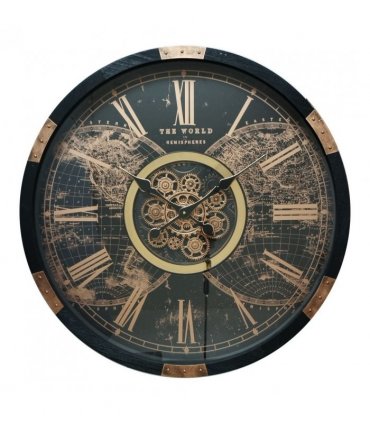 Stylish & Elegant Globe Wall Clock with Exposed Moving Gears – Industrial-Inspired Design – A Striking Timepiece with Roman Numerals, Perfect for Home, Office, or Loft Décor. (Black And Brown)
