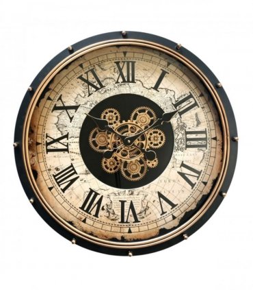 AcaciaHome Durable and Stylish 60cm Gear Wall Clock – Large Moving Roman Numerals, Industrial Metal with Wood Finish, Black Frame, Quartz Movement, Perfect Home, Living Room & Office Décor
