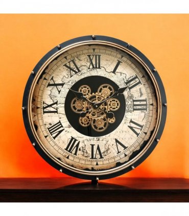 AcaciaHome Durable and Stylish 60cm Gear Wall Clock – Large Moving Roman Numerals, Industrial Metal with Wood Finish, Black Frame, Quartz Movement, Perfect Home, Living Room & Office Décor