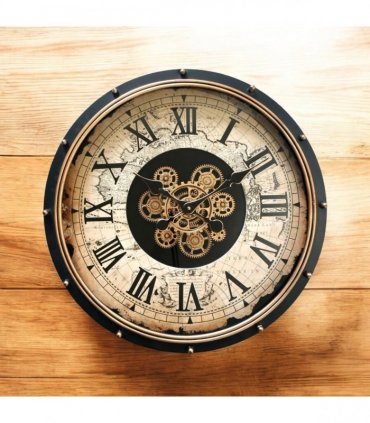 AcaciaHome Durable and Stylish 60cm Gear Wall Clock – Large Moving Roman Numerals, Industrial Metal with Wood Finish, Black Frame, Quartz Movement, Perfect Home, Living Room & Office Décor
