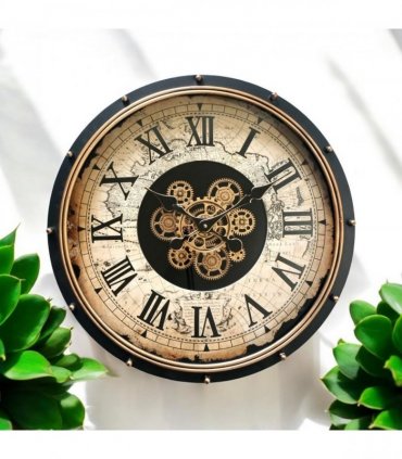 AcaciaHome Durable and Stylish 60cm Gear Wall Clock – Large Moving Roman Numerals, Industrial Metal with Wood Finish, Black Frame, Quartz Movement, Perfect Home, Living Room & Office Décor
