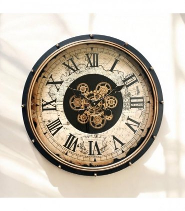 AcaciaHome Durable and Stylish 60cm Gear Wall Clock – Large Moving Roman Numerals, Industrial Metal with Wood Finish, Black Frame, Quartz Movement, Perfect Home, Living Room & Office Décor