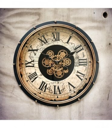 AcaciaHome Durable and Stylish 60cm Gear Wall Clock – Large Moving Roman Numerals, Industrial Metal with Wood Finish, Black Frame, Quartz Movement, Perfect Home, Living Room & Office Décor