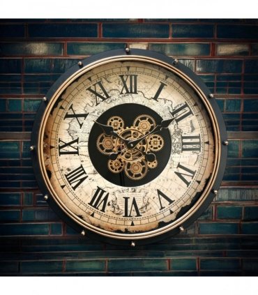 AcaciaHome Durable and Stylish 60cm Gear Wall Clock – Large Moving Roman Numerals, Industrial Metal with Wood Finish, Black Frame, Quartz Movement, Perfect Home, Living Room & Office Décor