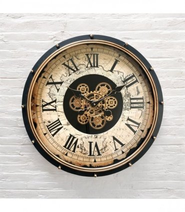 AcaciaHome Durable and Stylish 60cm Gear Wall Clock – Large Moving Roman Numerals, Industrial Metal with Wood Finish, Black Frame, Quartz Movement, Perfect Home, Living Room & Office Décor