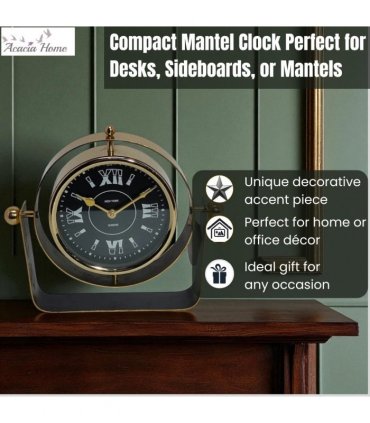 Silent Sweep Black Mantel Clock – Elegant Tabletop Timepiece with Quiet Operation, Sleek Design, and Easy-to-Read Face for Living Room, Bedroom, Office, or Home Décor (22 cm – Roman Numeral Dial)