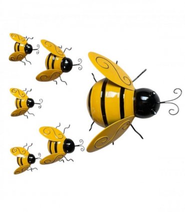 AcaciaHome Stylish Metal Bumble Bee Garden Wall Art Set of 6, Weatherproof Outdoor Honey Bee Hanging Decorations, Rust Resistant Glossy Yellow Metal Decor for Fence, Patio, Porch, Balcony