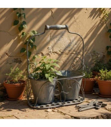 AcaciaHome Stylish Medium-Sized Double Plant Pot Basket Holder Metal Display Rack – Durable Weatherproof Design for Indoor and Outdoor Use, Ideal for Porches, Balconies, and Flower Beds (Gray)