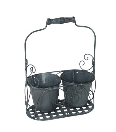 AcaciaHome Stylish Medium-Sized Double Plant Pot Basket Holder Metal Display Rack – Durable Weatherproof Design for Indoor and Outdoor Use, Ideal for Porches, Balconies, and Flower Beds (Gray)