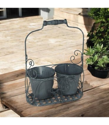 AcaciaHome Stylish Medium-Sized Double Plant Pot Basket Holder Metal Display Rack – Durable Weatherproof Design for Indoor and Outdoor Use, Ideal for Porches, Balconies, and Flower Beds (Gray)