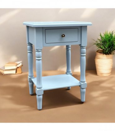 Modern and Stylish Bedside Wooden Side Table with 1 Drawer and Shelf - Sleek Art Deco Solid Pine Wood Side Tables with Storage for Home, Office, Living Room, and Hallways Decor (Solid, Sky Blue)