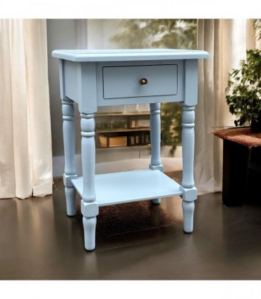 Modern and Stylish Bedside Wooden Side Table with 1 Drawer and Shelf - Sleek Art Deco Solid Pine Wood Side Tables with Storage for Home, Office, Living Room, and Hallways Decor (Solid, Sky Blue)