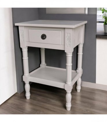 Modern and Stylish Bedside Wooden Side Table with 1 Drawer and Shelf - Sleek Art Deco Solid Pine Wood Side Tables with Storage for Home, Office, Living Room, and Hallways Decor (Floral, Grey)