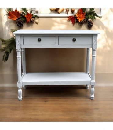 Modern and Stylish 2 Drawer Rectangular Console Table - Medium Wood Tone Finish for Sleek Hallway Side Table with Knob Handle Drawers for Home, Office, Bedrooms, or Living Spaces (Moonstruck Grey)