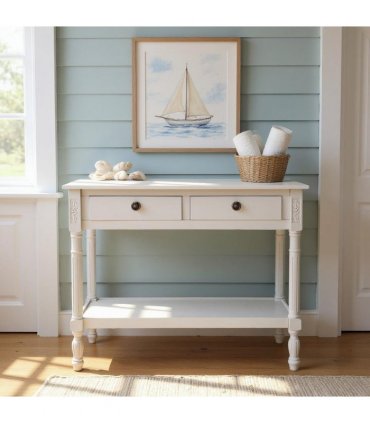 Modern and Stylish 2 Drawer Rectangular Console Table - Medium Wood Tone Finish for Sleek Hallway Side Table with Knob Handle Drawers for Home, Office, Bedrooms, or Living Spaces (Moonstruck Grey)