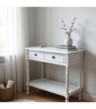 Modern and Stylish 2 Drawer Rectangular Console Table - Medium Wood Tone Finish for Sleek Hallway Side Table with Knob Handle Drawers for Home, Office, Bedrooms, or Living Spaces (Moonstruck Grey)