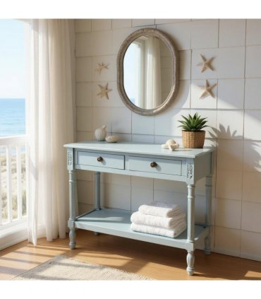 Modern and Stylish 2 Drawer Rectangular Console Table - Medium Wood Tone Finish for Sleek Hallway Side Table with Knob Handle Drawers for Home, Office, Bedrooms, or Living Spaces (Sky Blue)