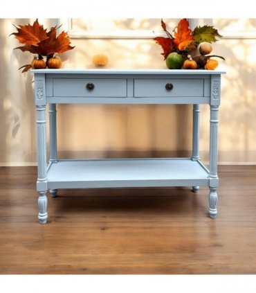 Modern and Stylish 2 Drawer Rectangular Console Table - Medium Wood Tone Finish for Sleek Hallway Side Table with Knob Handle Drawers for Home, Office, Bedrooms, or Living Spaces (Sky Blue)