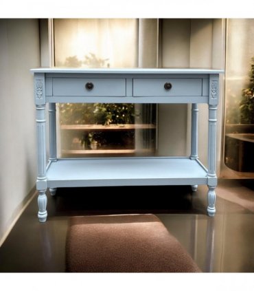 Modern and Stylish 2 Drawer Rectangular Console Table - Medium Wood Tone Finish for Sleek Hallway Side Table with Knob Handle Drawers for Home, Office, Bedrooms, or Living Spaces (Sky Blue)