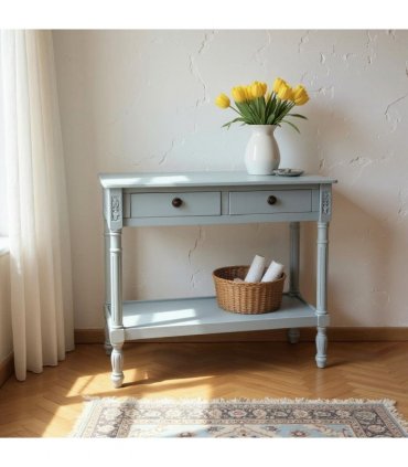 Modern and Stylish 2 Drawer Rectangular Console Table - Medium Wood Tone Finish for Sleek Hallway Side Table with Knob Handle Drawers for Home, Office, Bedrooms, or Living Spaces (Sky Blue)