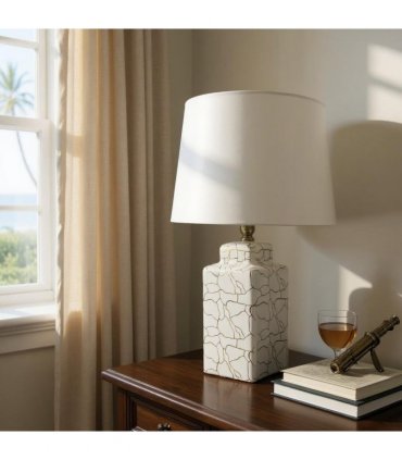 Cream Ceramic Table Lamp with Drum Shade – Durable Striped Design, Handmade Shade, Soft Ambient Light, Stylish Home Décor Accent for Living Room, Hallway, or Study (Abstract Vase - with 59cm Shade)