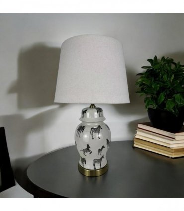 AcaciaHome Modern and Classic Oriental Design Large Floral Ceramic Table Lamp with Drum Shade - Perfect Stylish and Functional Hall Light for Living Room. Bedroom (45cm Zebra Safari White Shade)