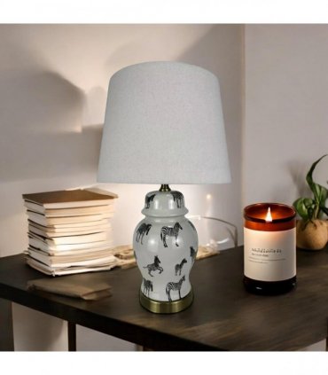 AcaciaHome Modern and Classic Oriental Design Large Floral Ceramic Table Lamp with Drum Shade - Perfect Stylish and Functional Hall Light for Living Room. Bedroom (45cm Zebra Safari White Shade)