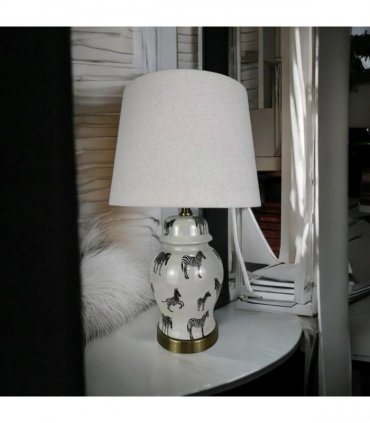 AcaciaHome Modern and Classic Oriental Design Large Floral Ceramic Table Lamp with Drum Shade - Perfect Stylish and Functional Hall Light for Living Room. Bedroom (45cm Zebra Safari White Shade)