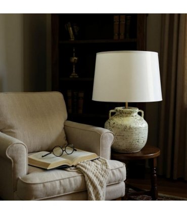 AcaciaHome Cream Ceramic Table Lamp with Drum Shade – Durable Striped Design, Handmade Shade, Soft Ambient Light, Stylish Home Décor Accent for Living Room, Hallway, or Study (Cora Vase - 63cm Shade)