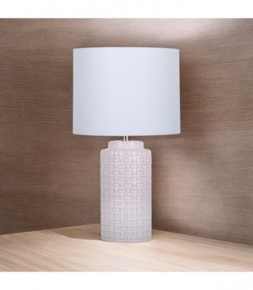 Cream Ceramic Table Lamp with Drum Shade – Durable Striped Design, Handmade Shade, Soft Ambient Light, Stylish Home Décor Accent for Living Room, Hallway, or Study (Leopard Vase - 63cm Shade)